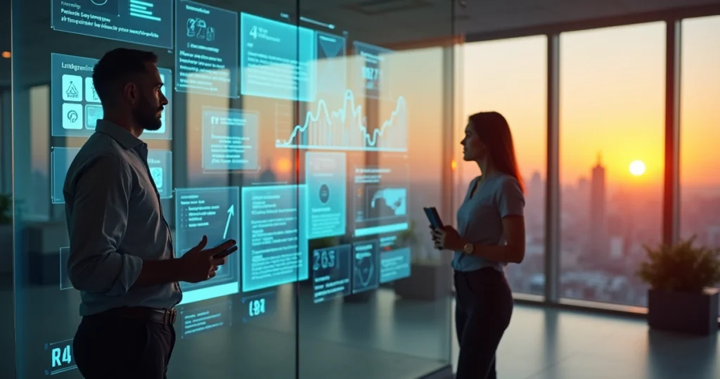 Empresário diante de parede com projeções da sua marca pessoal nas redes sociais