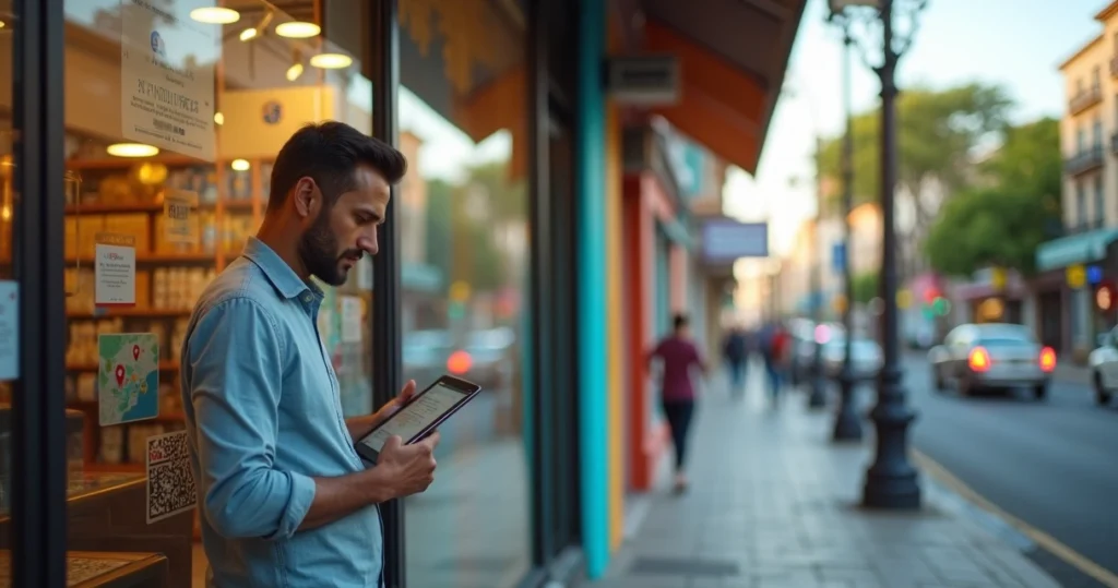 Dono de pequena loja em rua de Curitiba analisando SEO local em tablet diante da vitrine