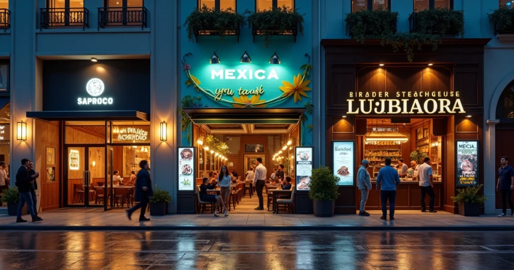 Fachadas de restaurantes japonês, mexicano e churrascaria lado a lado à noite