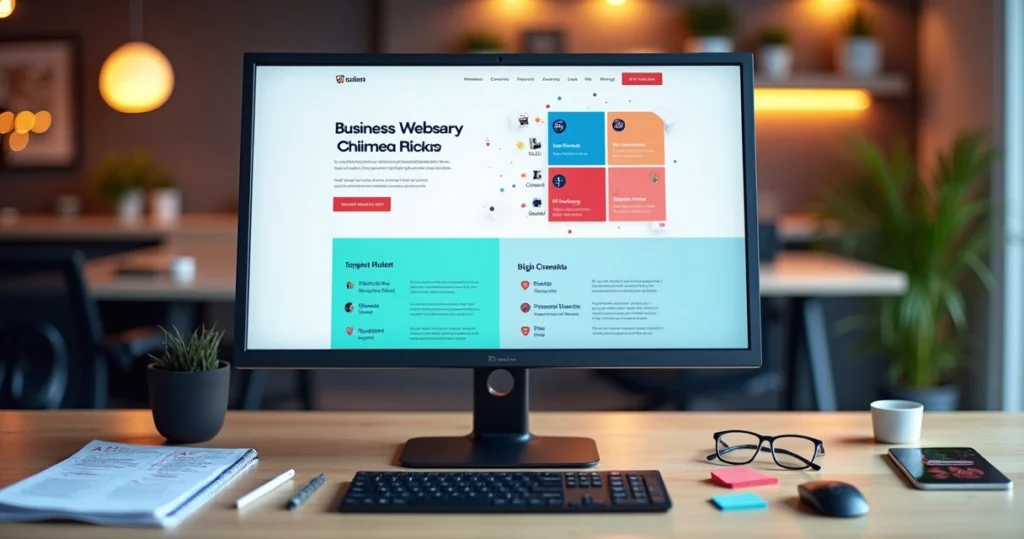 Tela de computador exibindo homepage profissional de empresa em ambiente de escritório moderno