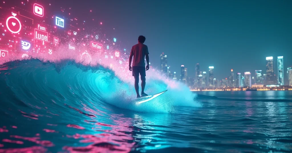 Profissional em prancha digital surfando ondas de ícones de rede social