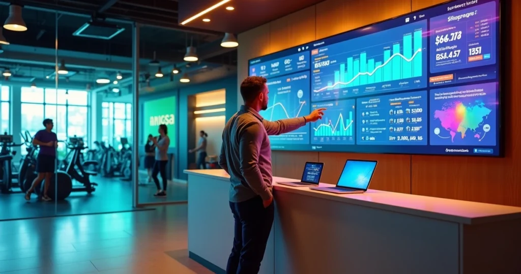 Recepção de academia moderna com telão exibindo métricas de marketing digital