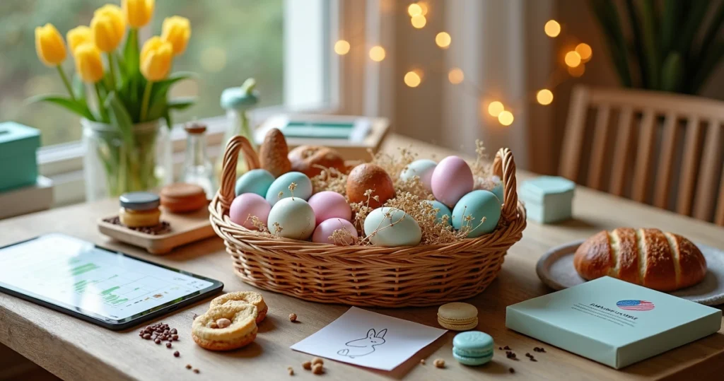Mesa de Páscoa cheia de presentes criativos sem chocolate