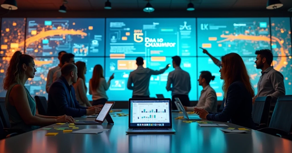 Equipe de marketing analisando dados em painel digital com ícones de promoções online