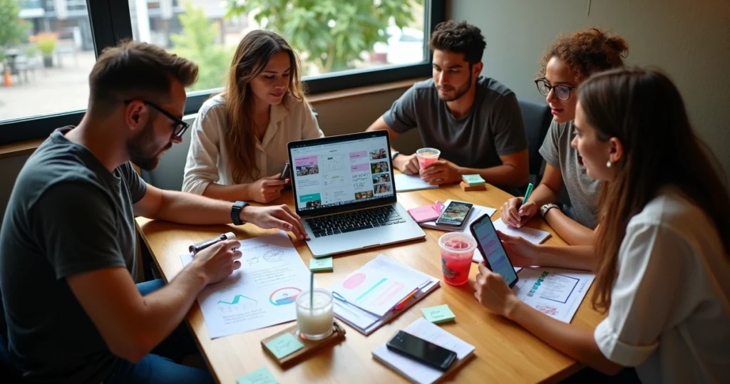 Empreendedora reunida com microinfluencers planejando campanha local em cafeteria moderna