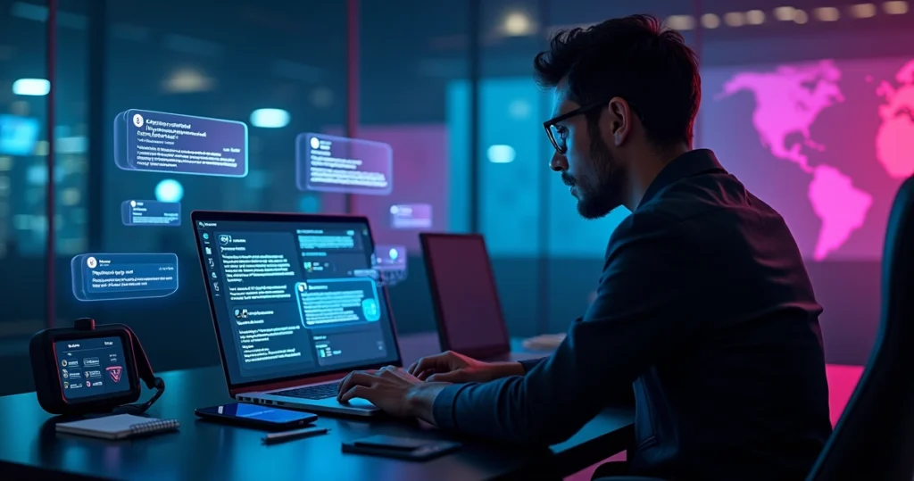 Profissional de vendas usando notebook com fluxo de mensagens de IA fechando reunião rápida