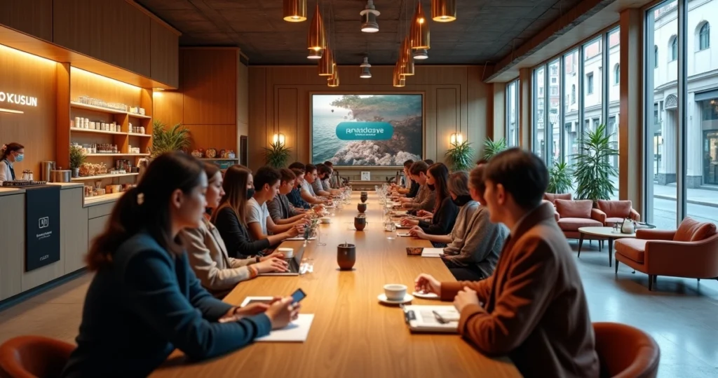 Clientes em café de marca vivenciando experiência física imersiva
