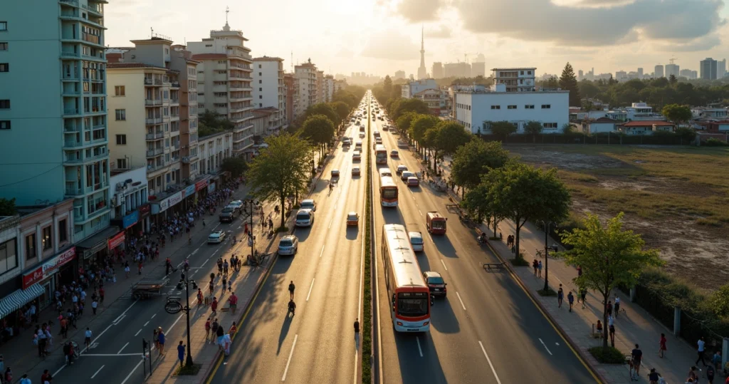 Vista aérea de rua movimentada em Curitiba ao lado de quadra com poucos prédios e fluxo