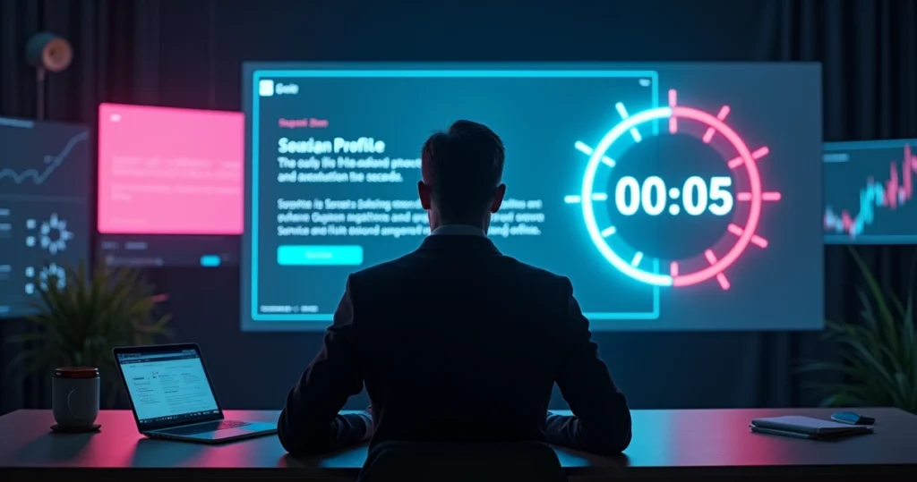 Empresário olhando tela gigante com perfil digital destacado em cinco segundos