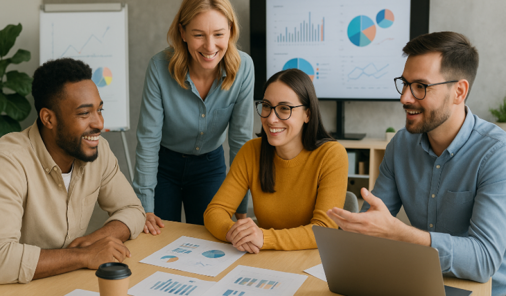 Equipe de marketing digital reunida analisando gráficos de crescimento e estratégias em escritório moderno