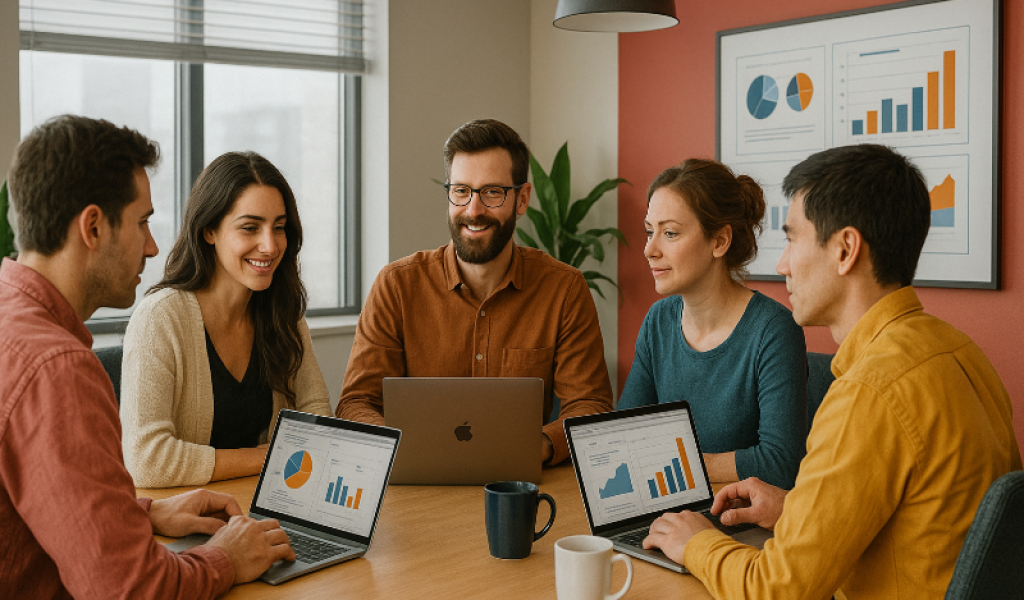 ChatGPT-Image-8-de-mai.-de-2025-17_28_22.png Equipe de profissionais em agência de marketing digital trabalhando em computadores com gráficos e planejamento