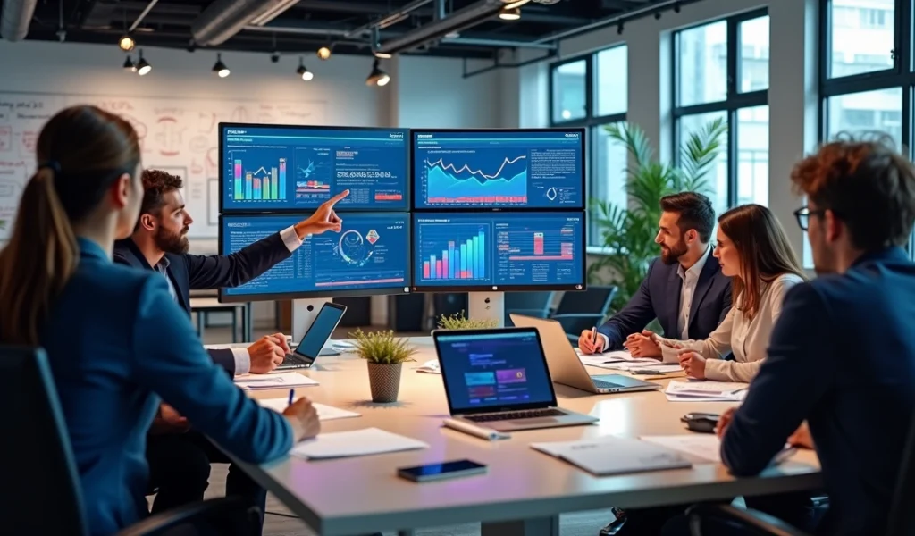 Escritório moderno com equipe de marketing digital analisando gráficos de SEO em telas de computador