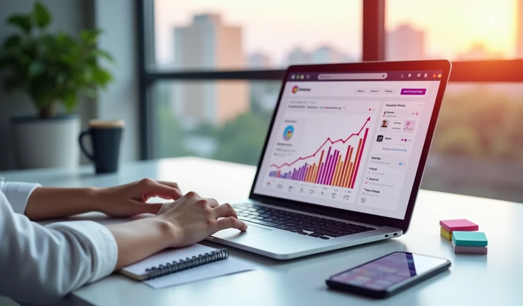 Profissional analisando gráficos de alcance do Instagram no laptop