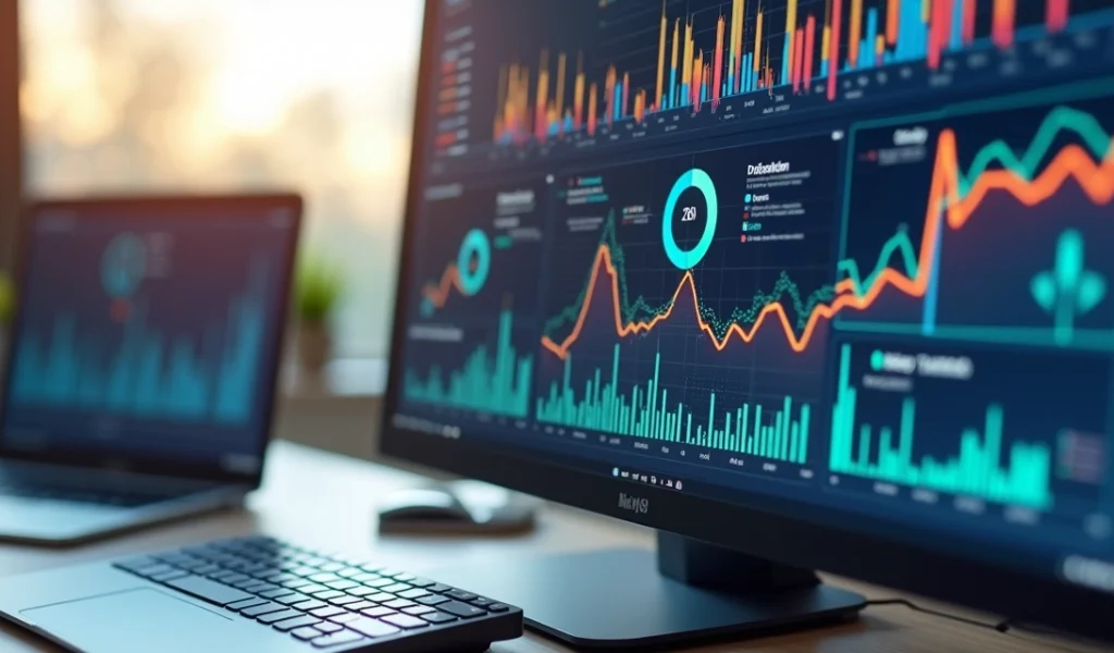 Tela de computador exibindo painel de anúncios digitais com gráficos de desempenho e ícones de interação