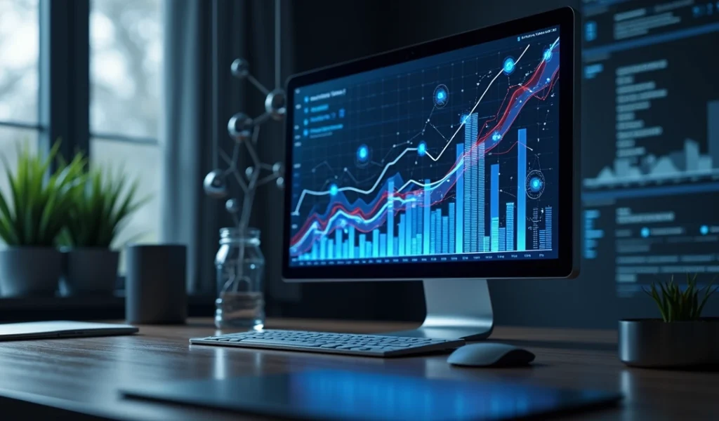 Tela de computador exibindo gráfico de rankings SEO com imagens de algoritmo e conectores digitais ao redor