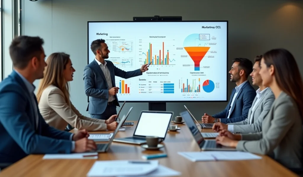 Equipe de marketing e comercial reunida em frente a painel com funil de vendas e gráficos