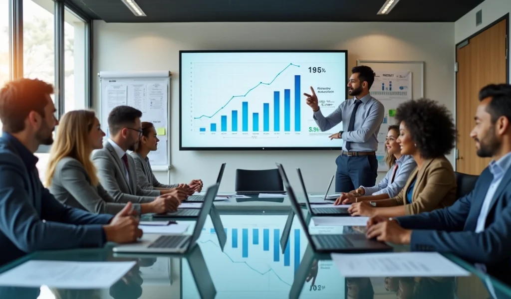 Equipe de vendas e marketing colaborando em reunião com gráficos e computadores