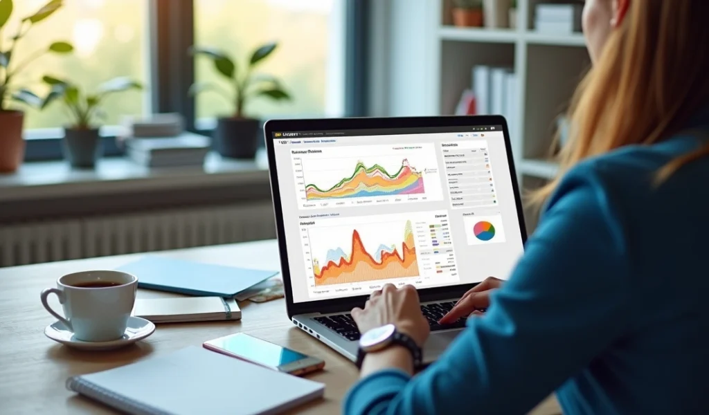 Empresária analisando gráficos de campanhas digitais em laptop com gráficos de remarketing na tela