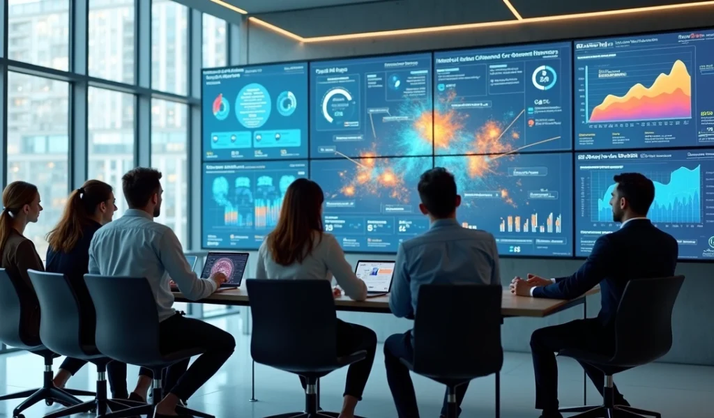 analise-comportamento-vendas-b2b-743.webp Equipe de vendas B2B analisando gráficos e dados em múltiplas telas digitais modernas em ambiente corporativo