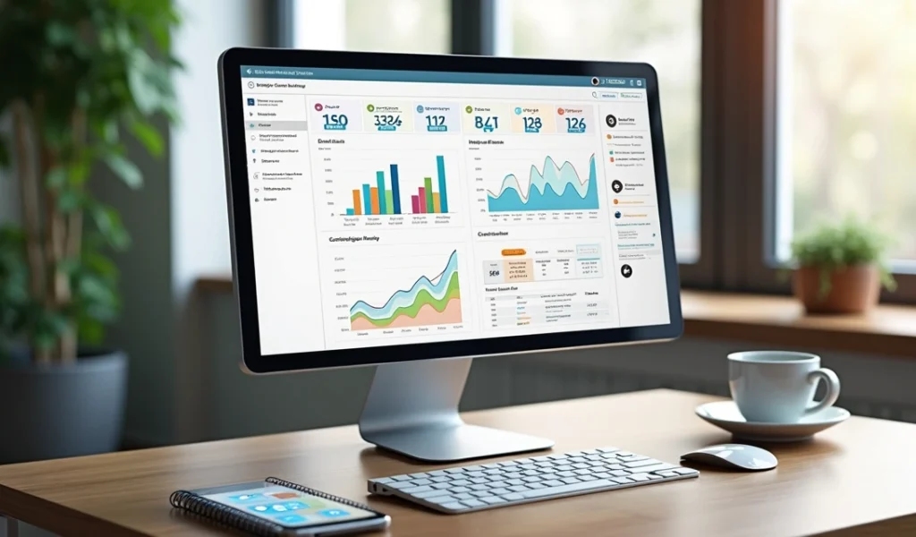 Tela de computador mostrando dashboard com gráficos de análise de concorrência em um ambiente de escritório moderno