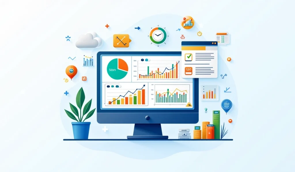 Tela de computador mostrando gráficos coloridos de KPIs de marketing digital com pequenos ícones de negócios ao redor