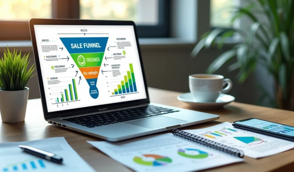 Análise detalhada de funil de vendas em gráfico digital com computador e anotações estratégicas ao redor