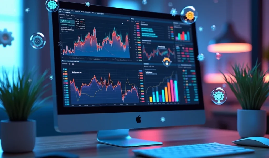 Tela de computador exibindo gráficos de análise preditiva com elementos digitais e ícones de inteligência artificial ao redor