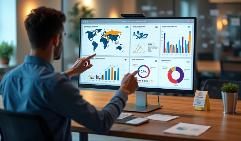Profissional analisando gráficos de público-alvo em redes sociais na tela do computador