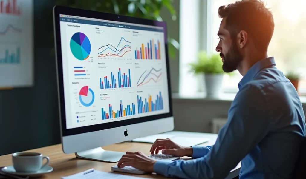 Pessoa analisando gráficos de marketing digital em tela de computador com gráficos coloridos e números indicadores de desempenho