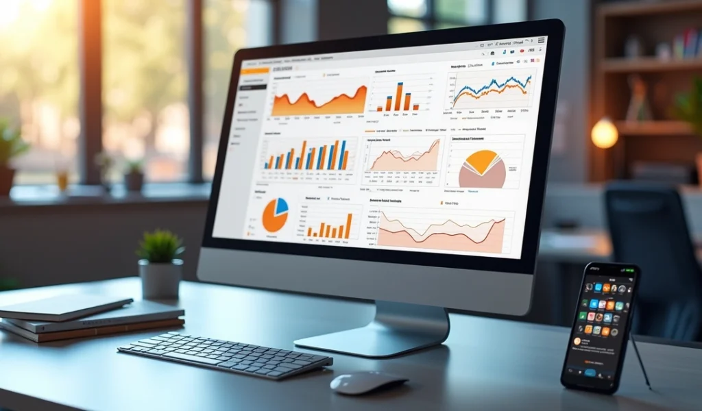 Computador com tela mostrando análise de SEO e gráficos de desempenho digital