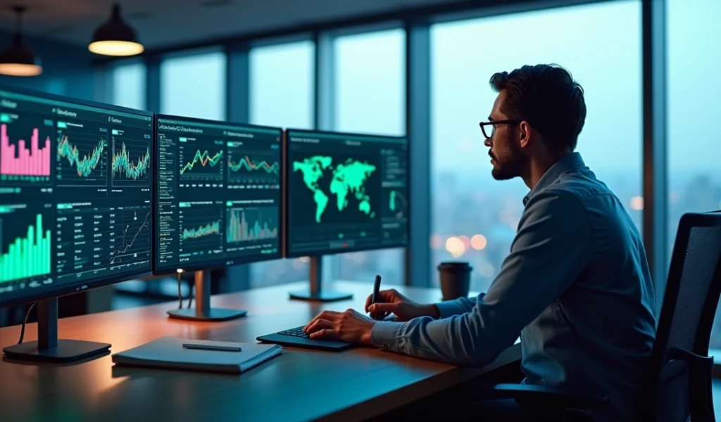 Profissional analisando gráficos e dados digitais em telas de computador para tendências de marketing digital