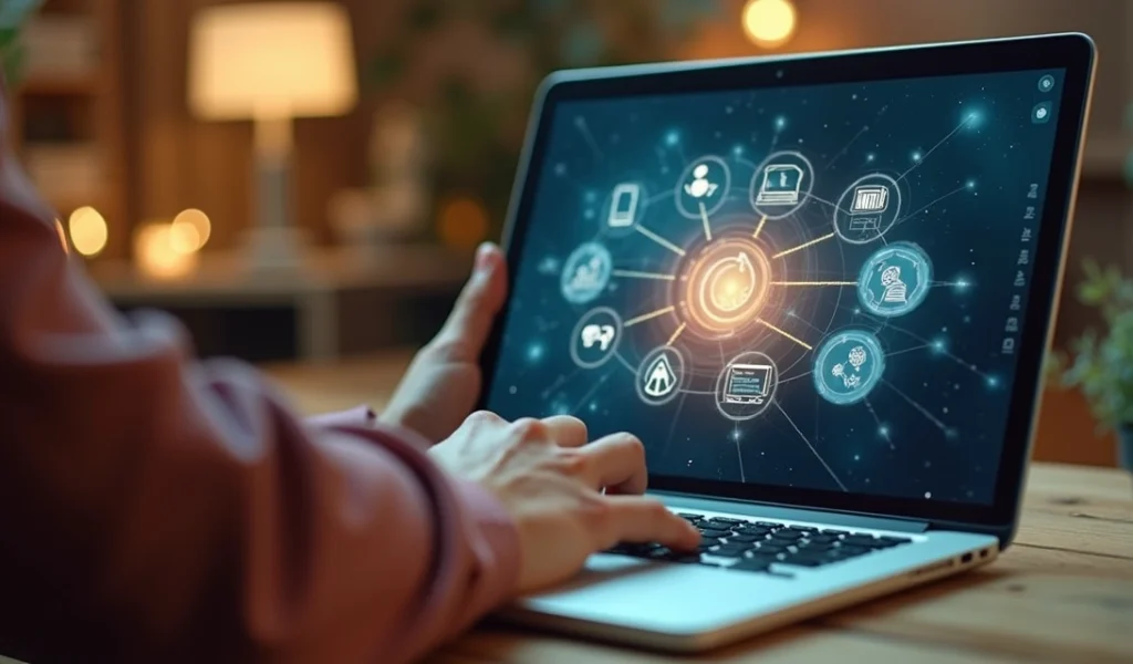 Pessoa realizando live de vendas online com múltiplas telas e interação em tempo real