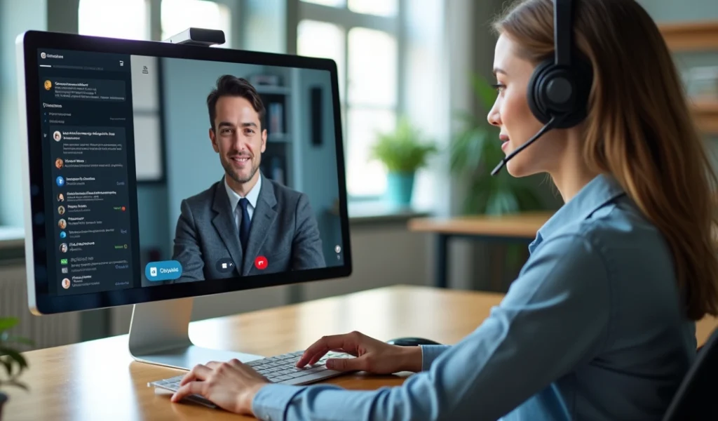 Pessoa atendendo cliente pelo computador com ambiente digital moderno e interface amigável