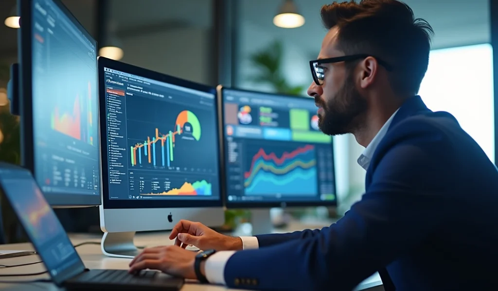 Profissional atendendo cliente em ambiente digital moderno com múltiplas telas integradas mostrando dados, chat, e gráficos de métricas de satisfação