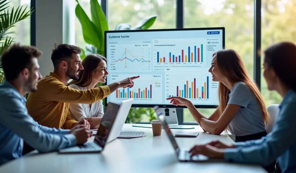 Equipe de atendimento ao cliente reunida em escritório moderno, conversando e analisando gráficos em telas digitais