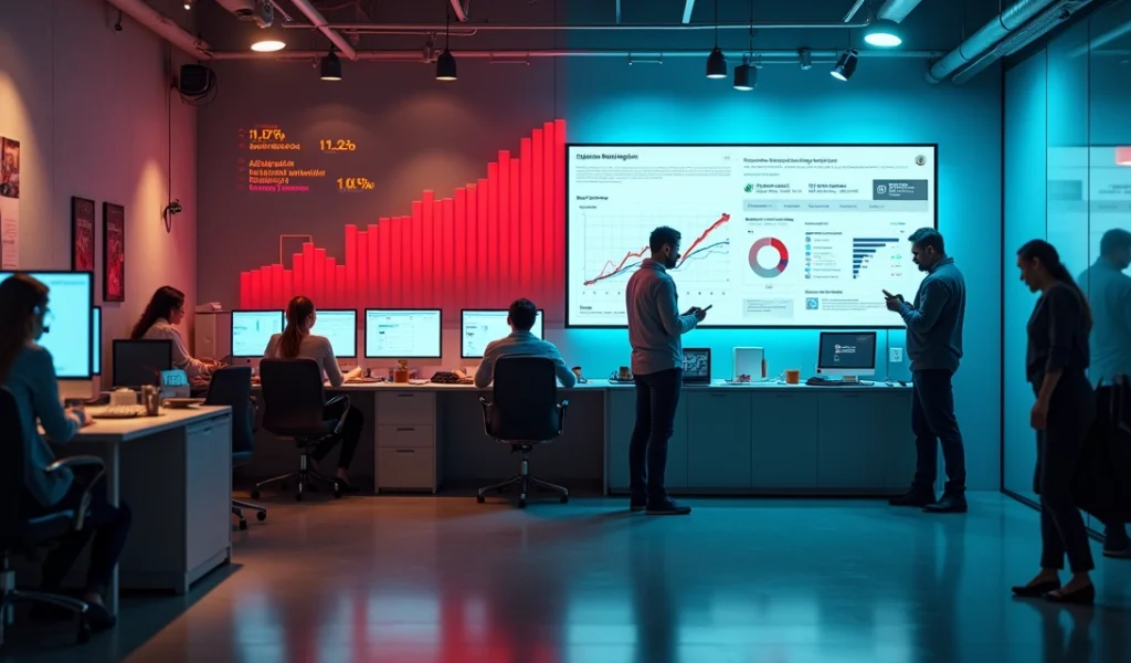 Equipe de vendas frustrada com fila de clientes e gráficos de queda nas vendas