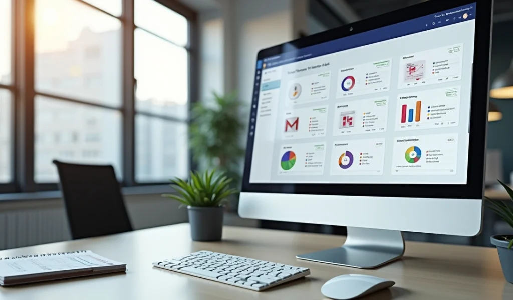Computador mostrando painel de CRM com fluxos automáticos de vendas e gráficos de desempenho detalhados