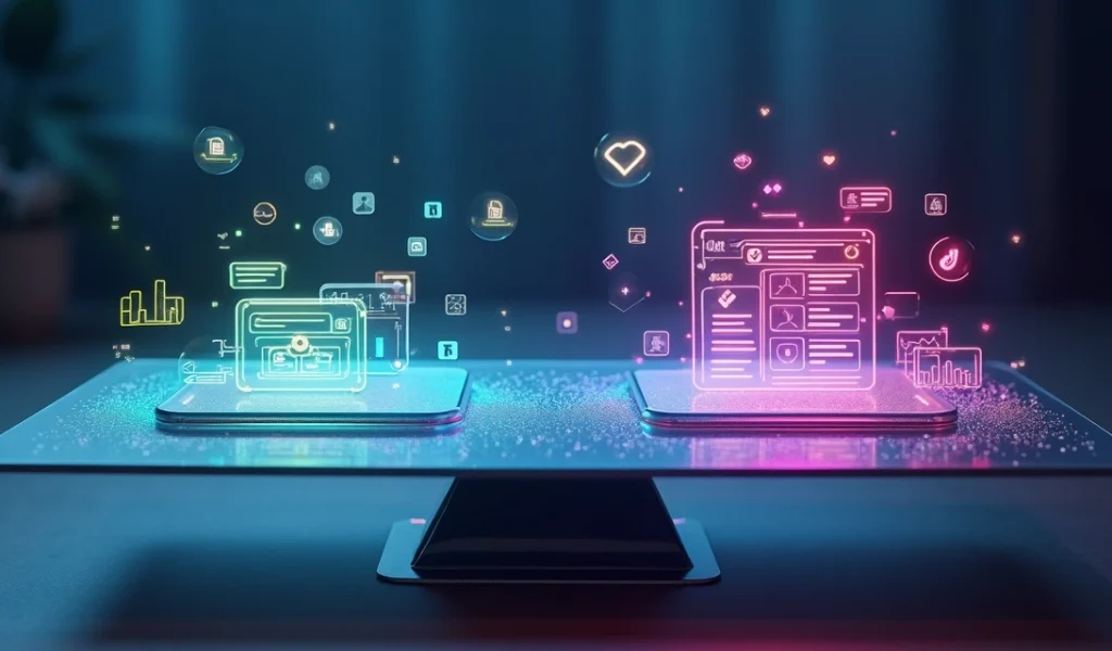 Balança com lado Google Ads e lado Meta Ads sobre fundo digital colorido