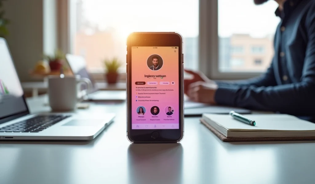 Empreendedora ajustando a bio do Instagram em perfil profissional de negócios