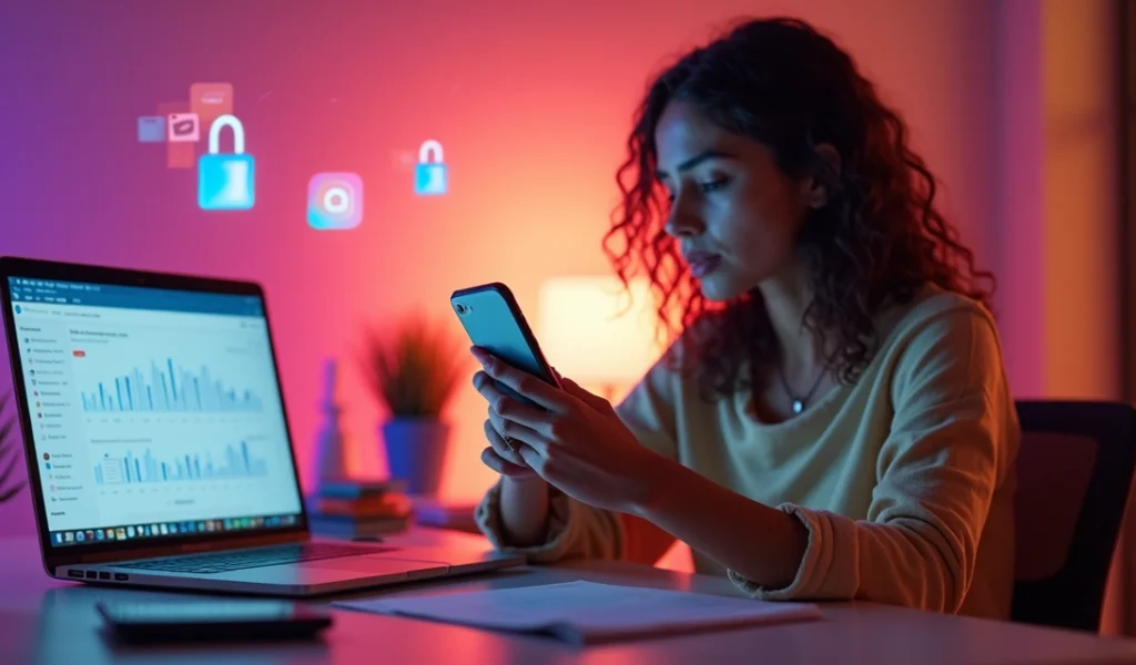 Empreendedora olhando frustrada para tela de celular com ícones do Instagram Direct bloqueados