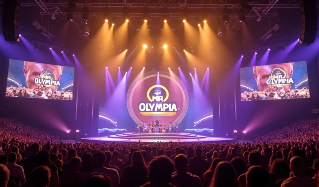 Palco iluminado com banner do Mr. Olympia e público assistindo ao evento esportivo ao vivo