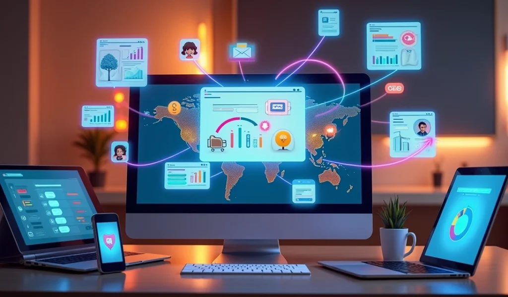 Tela digital com caça ao tesouro de leads, pop-ups interativos, gráficos e ícones de vendas ao redor