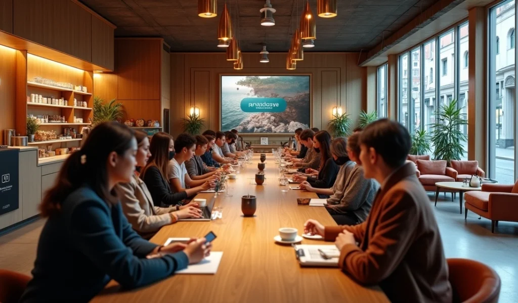 Clientes em café de marca vivenciando experiência física imersiva