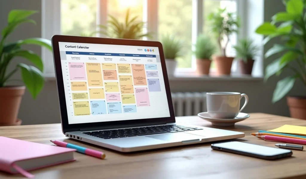 Mesa com laptop aberto mostrando calendário digital ao lado de cadernos, canetas e smartphone exibindo redes sociais