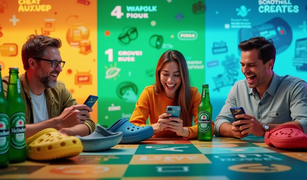 campanha-marketing-criativa-269.webp Montagem com campanhas criativas de marketing, incluindo elementos da Heineken e Crocs, layout colorido e vibrante com design moderno e personagens engajados