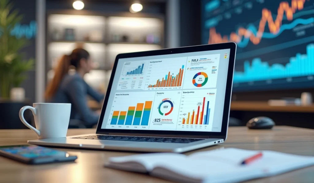 Mesa com notebook mostrando análise de dados de marketing digital e gráficos de desempenho em e-mail marketing