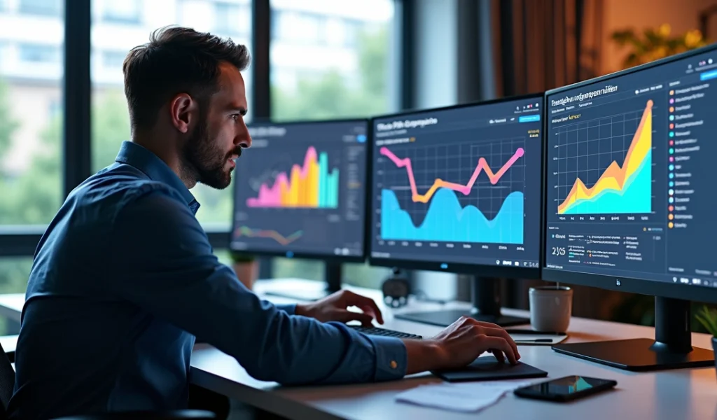 Profissional de marketing digital analisando campanhas em múltiplas telas no computador