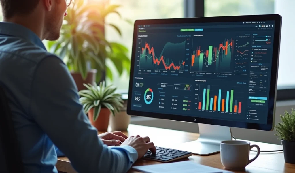 Pessoa analisando gráficos de campanhas de tráfego pago em tela de computador moderno