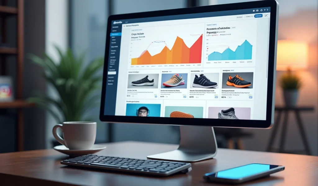 Computador mostrando painel de controle de campanha de remarketing dinâmico com gráficos e anúncios personalizados de e-commerce em fundo moderno