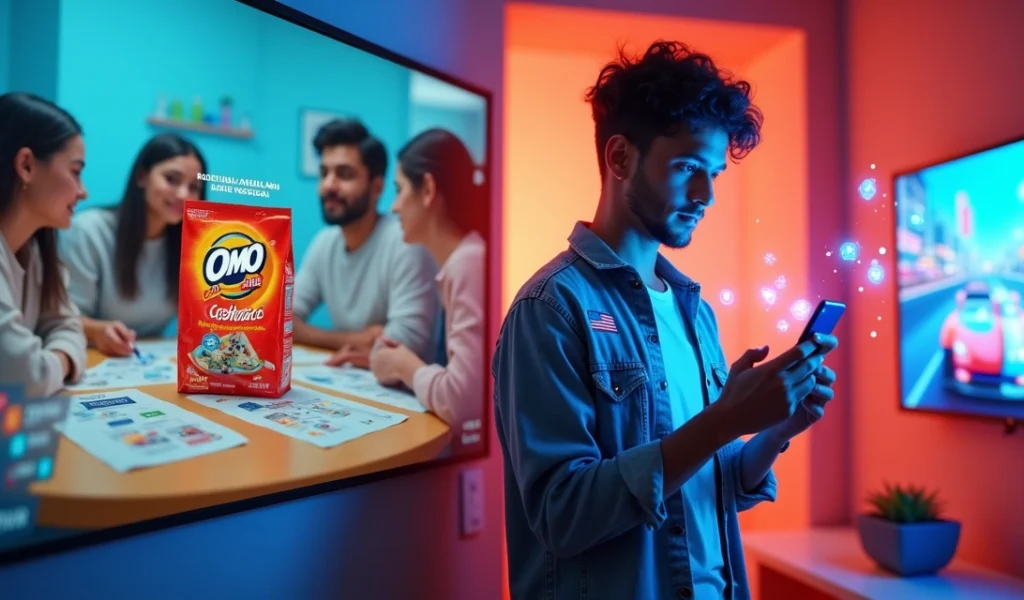 Montagem com cenas de campanhas digitais: vídeo de comédia, embalagem produto de limpeza OMO, influenciador jovem usando smartphone, e tela de jogo Sonic Racing com multijogador